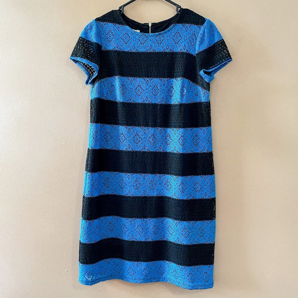 Blue & Black Sheath Dress | London Times Lace Overlay Boxy Dress